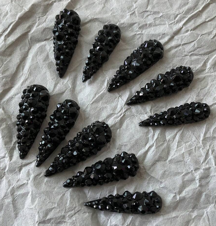 Black Out Stiletto Rhinestone Nails Size LARGE