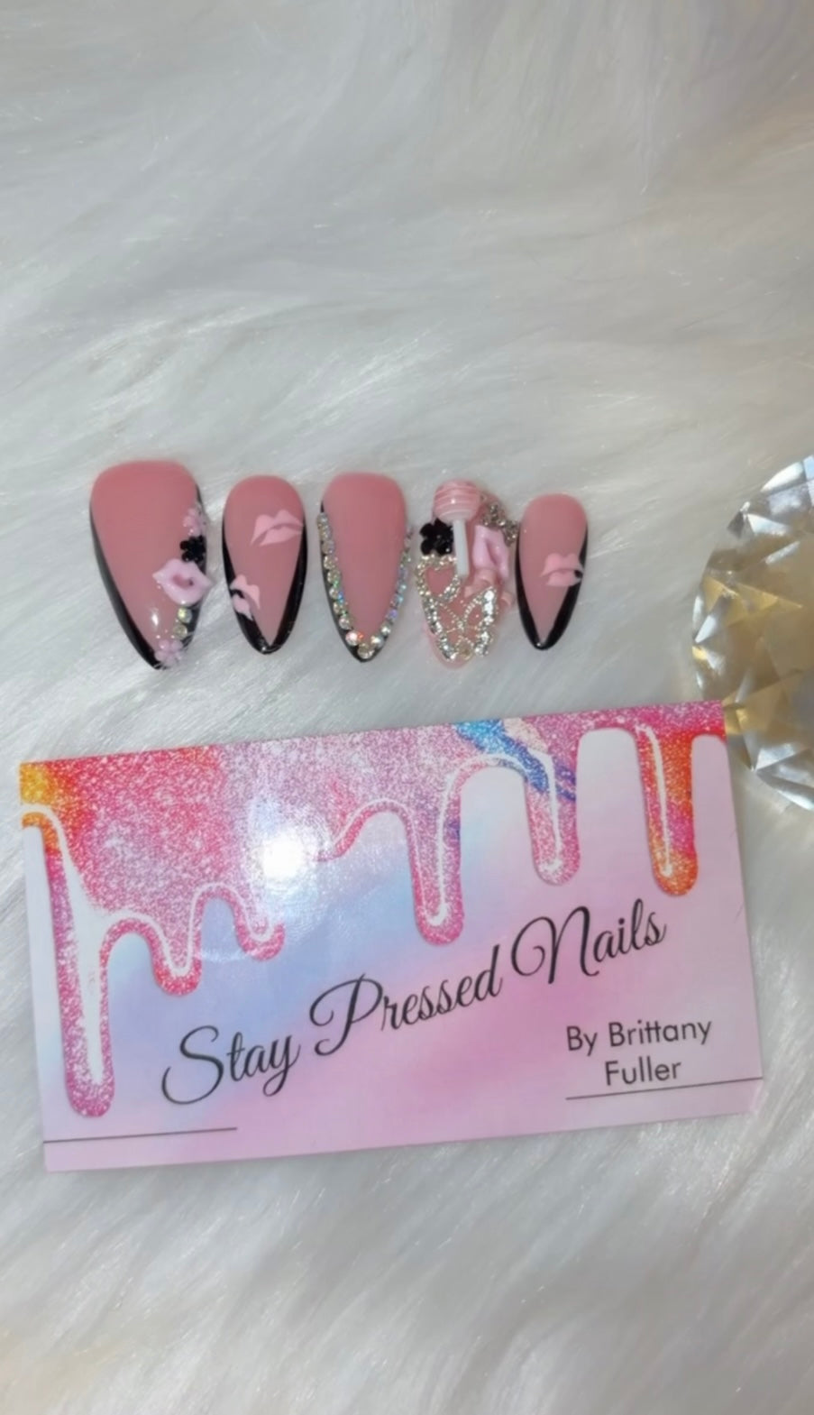 Pink & Black Almond Nails Size Large