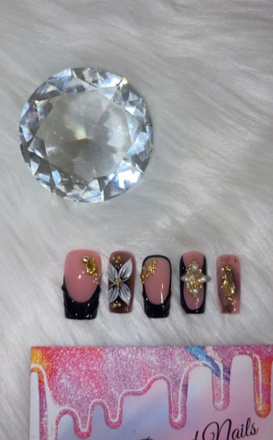 Black & Gold French Flower Press On Nails Size Medium