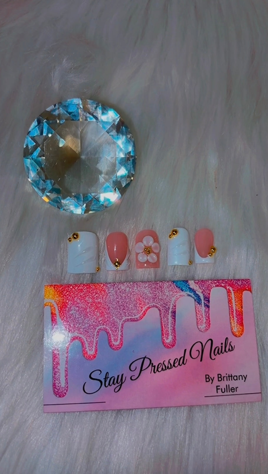 White & Gold Beaded Press On Nails Size Medium