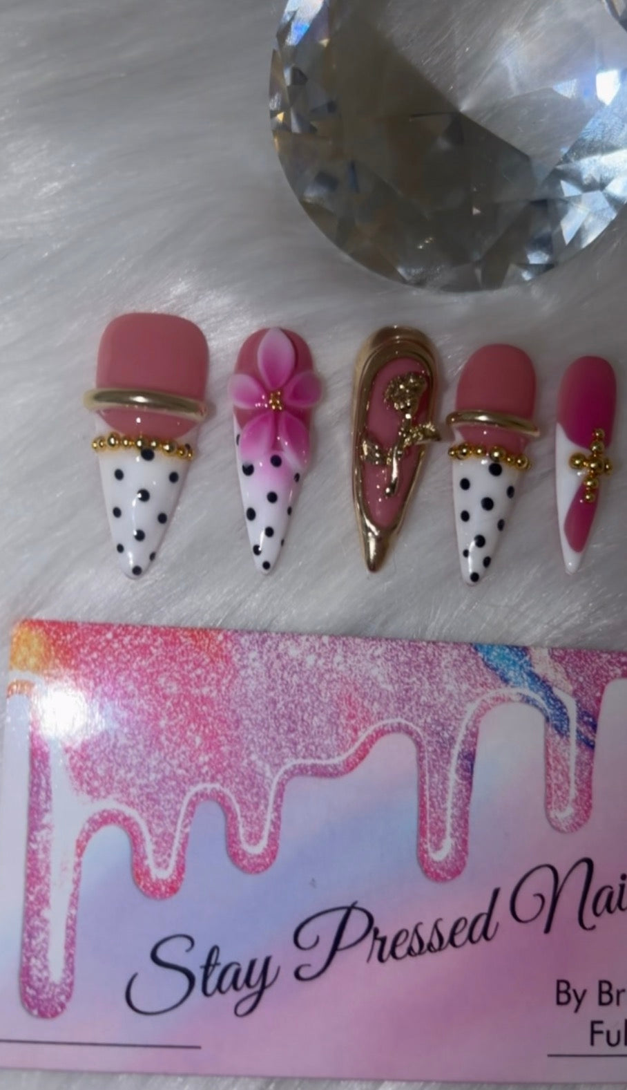 Stiletto Pink & Gold Flower Press On Nails Size Medium
