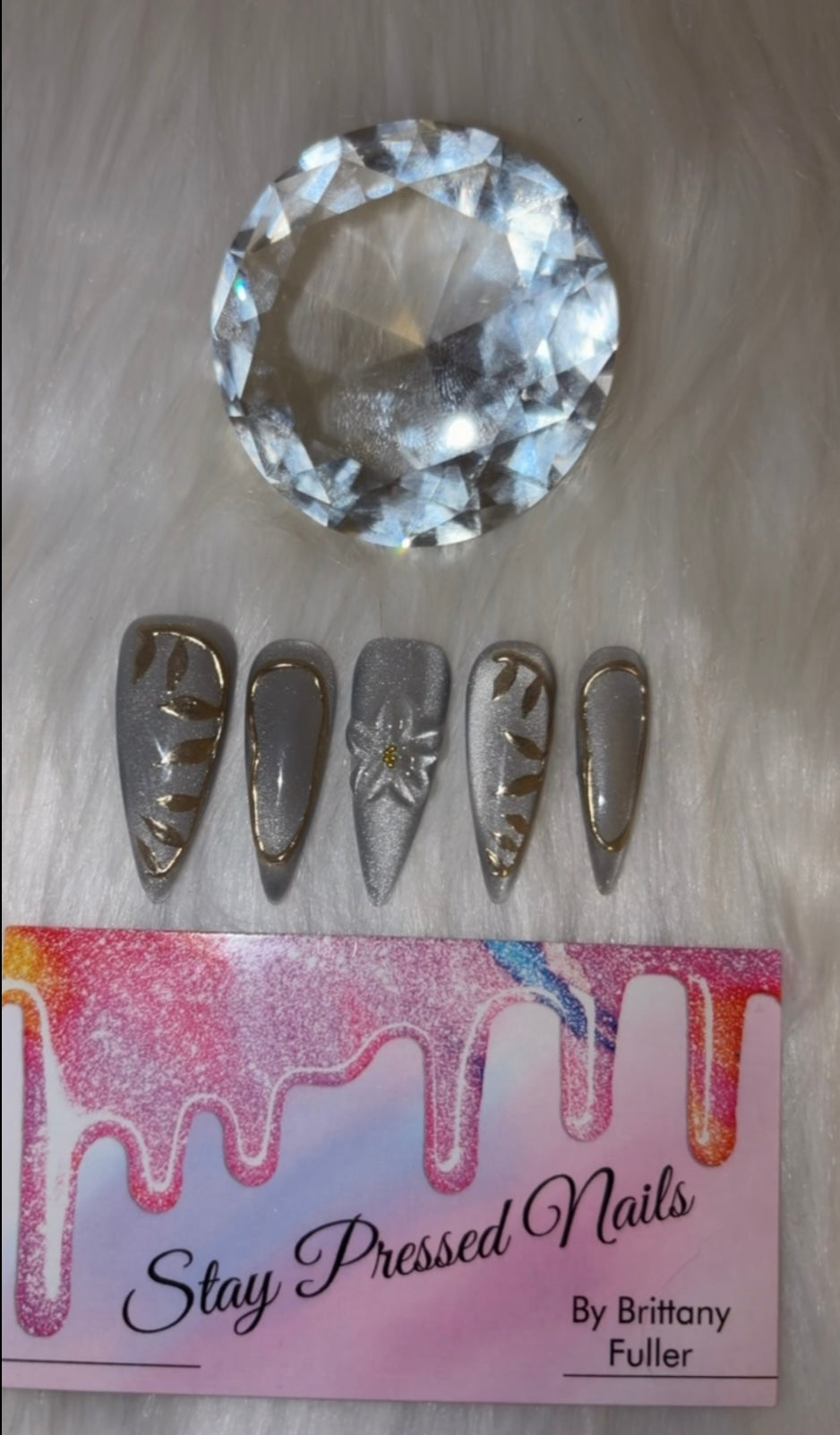 Grey and Gold Stiletto CatEye Nails Size Large