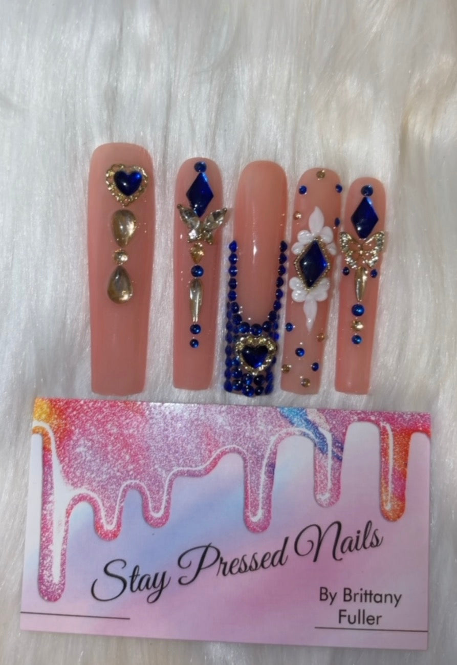 Nude & Blue Bling Press on Nails size Large