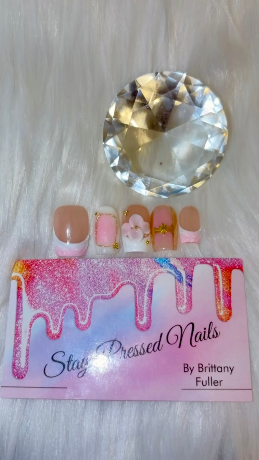 Pink, White & Gold French Square Press On Nails
