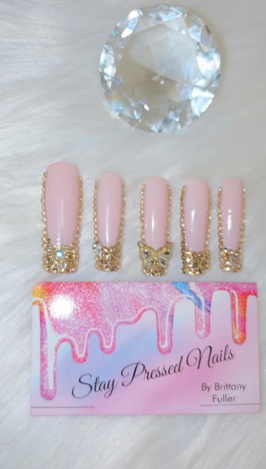 Pink & Gold Rhinestone French Square Press On Nail Size Medium
