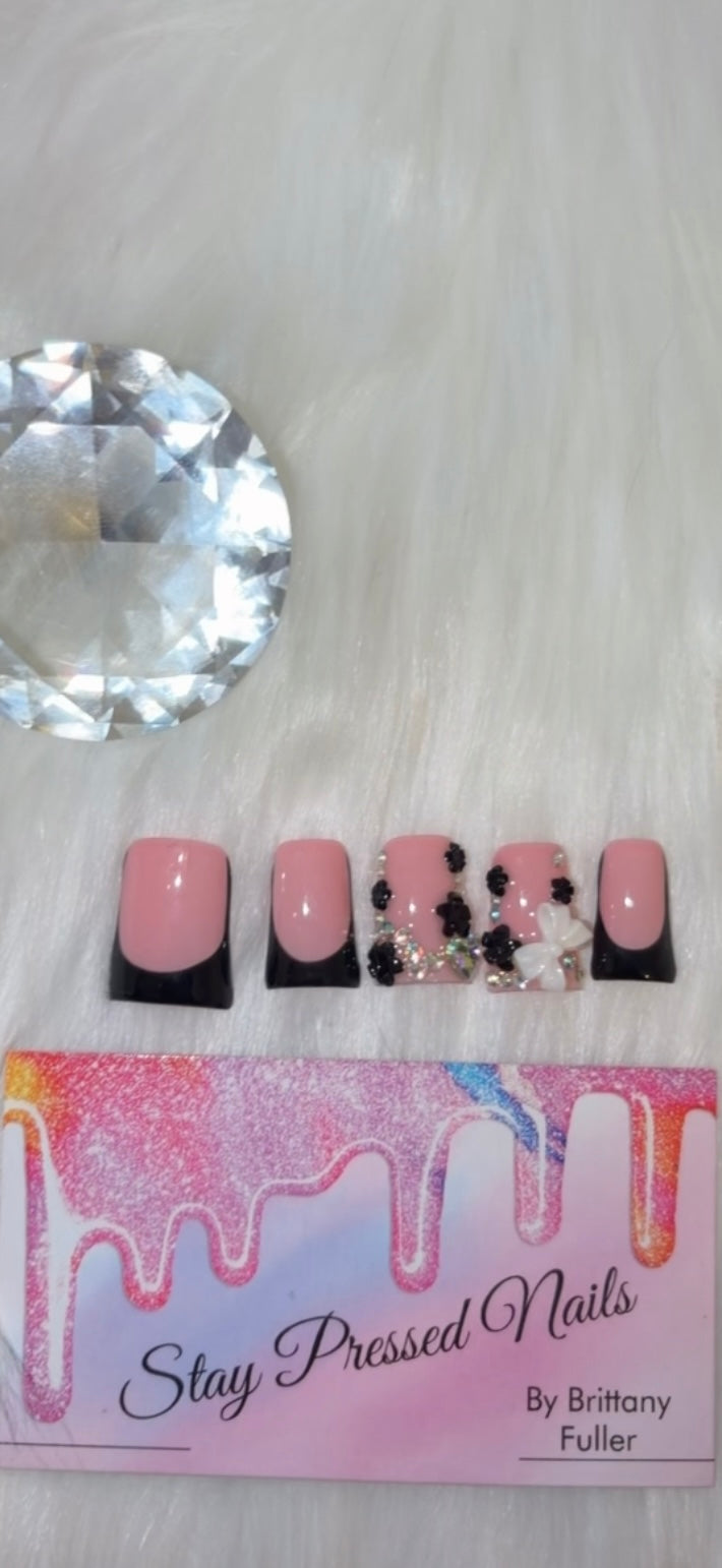 Pink & Black Duck French Tip Nails Size Large