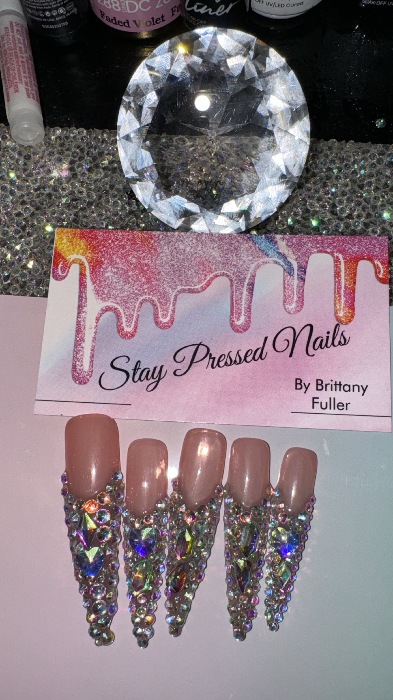 Stiletto Rhinestone French Nail Set Size Medium