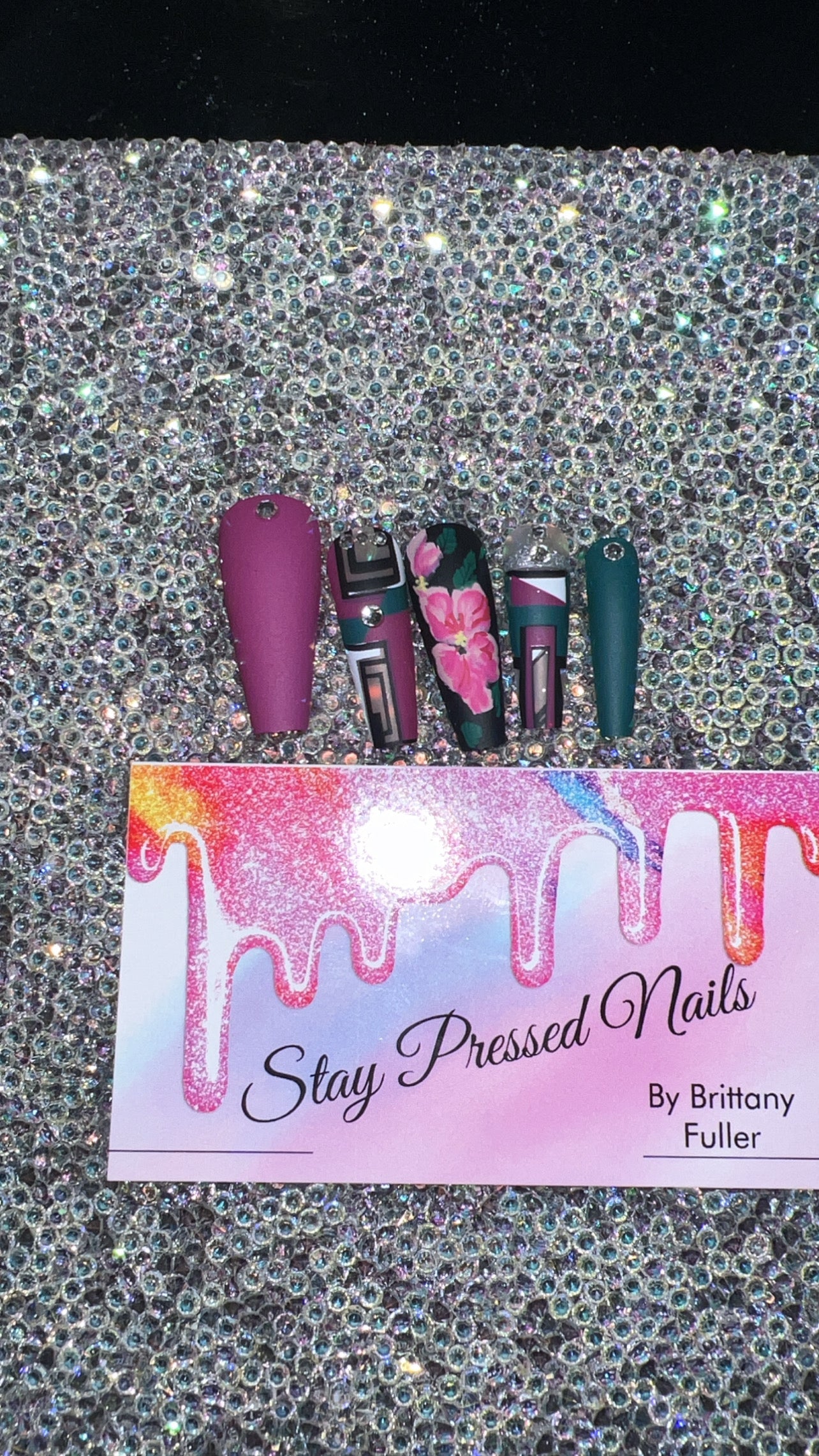 Purple & Green Flower Press On Nails