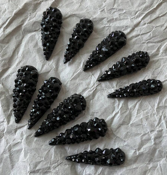 Black Out Stiletto Rhinestone Nails Size LARGE