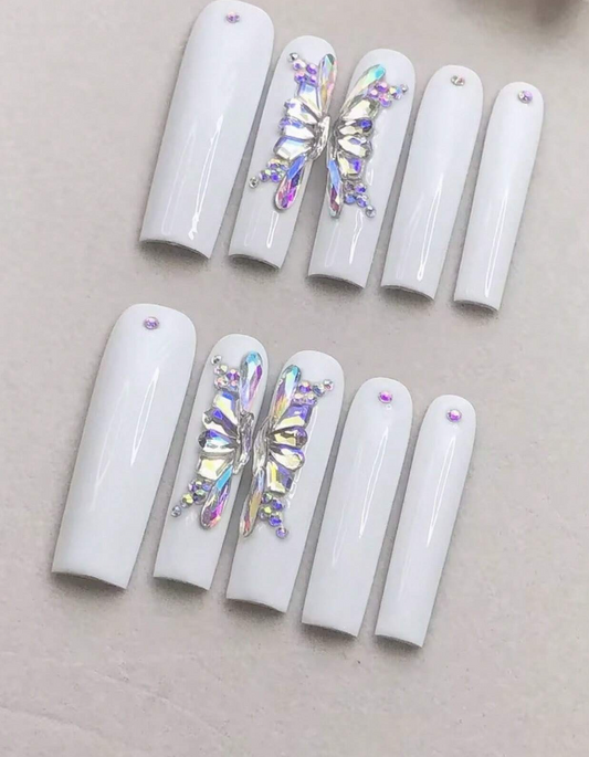 White Square Butterfly Press On Nails Size LARGE