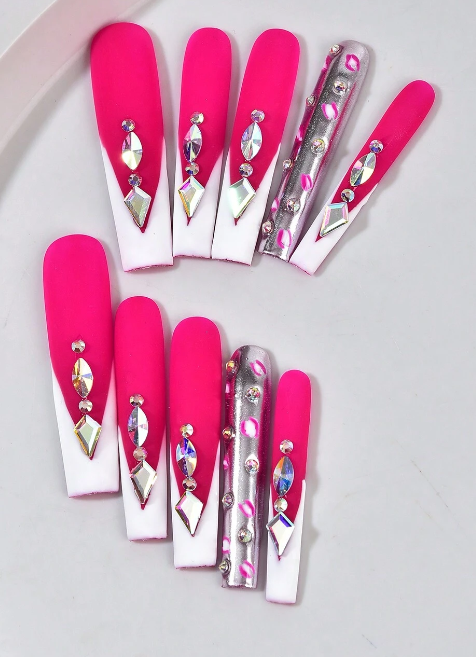 Dark Pink French Bling Press On Nails Size LARGE