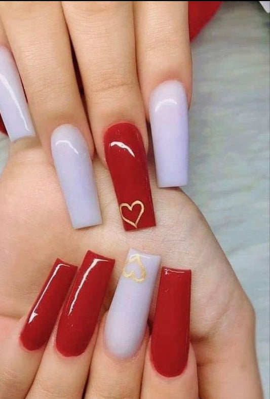 Red & White Gold Heart Press On Nails