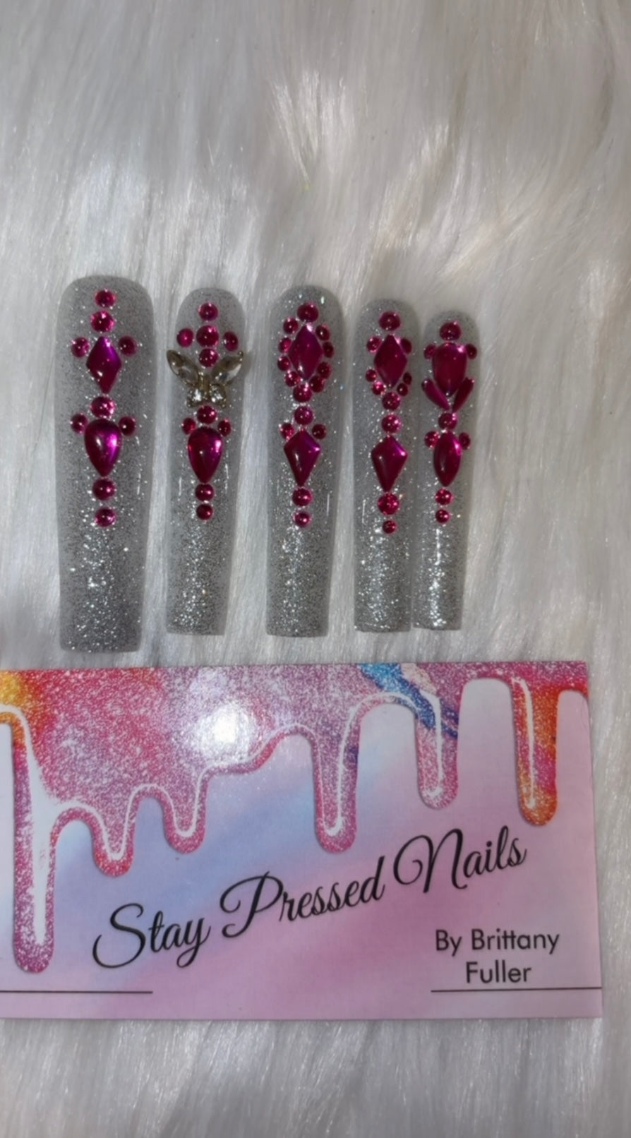 Silver and Pink Bling Press On Nails size Large