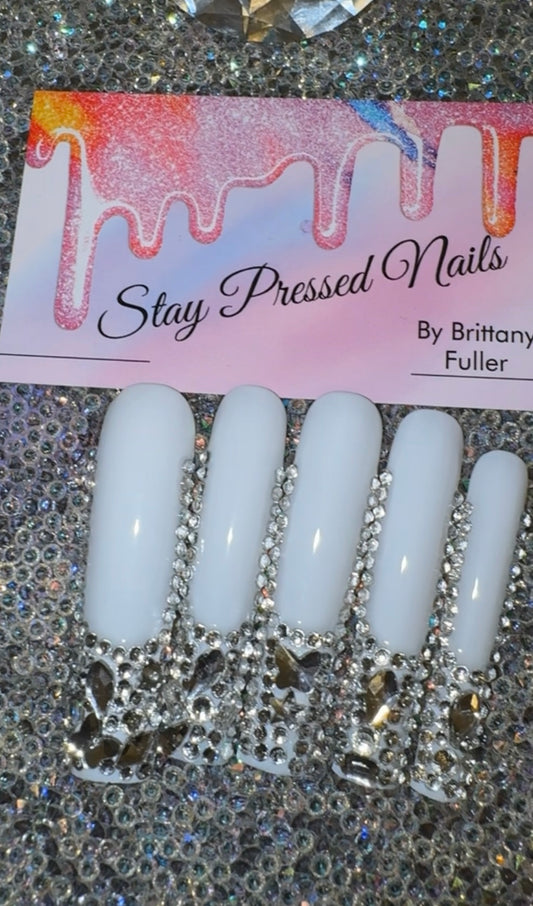 White & Silver French Press On Nails