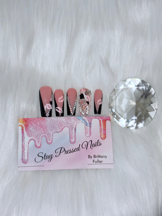 Pink & Black Square Valentine Junk Nails Size Medium