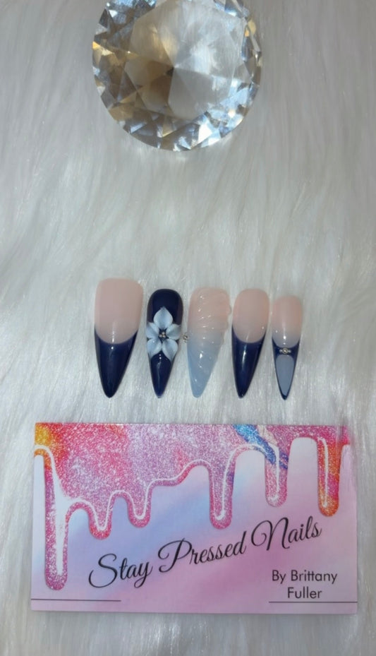 Blue Stiletto Flower Power Press On Nails Size Large