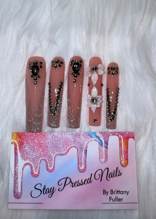Glitter & Black Bling Nails Size Large (Ready to Ship)