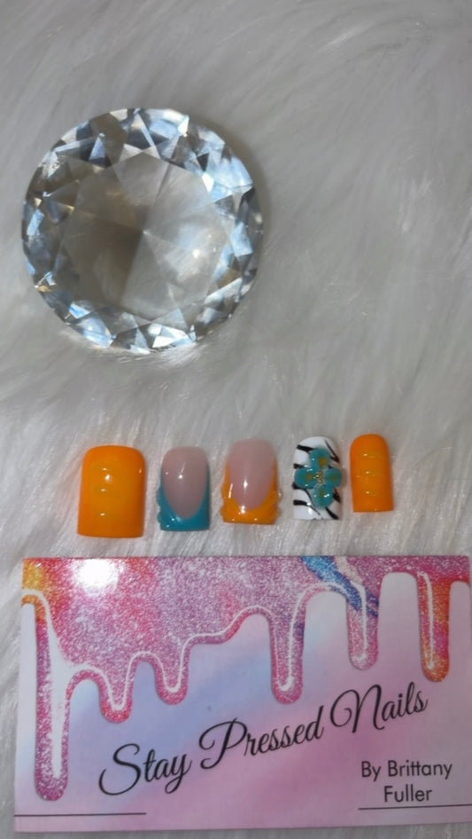 Orange & Blue Zebra Stripe Press On Nails Size Medium