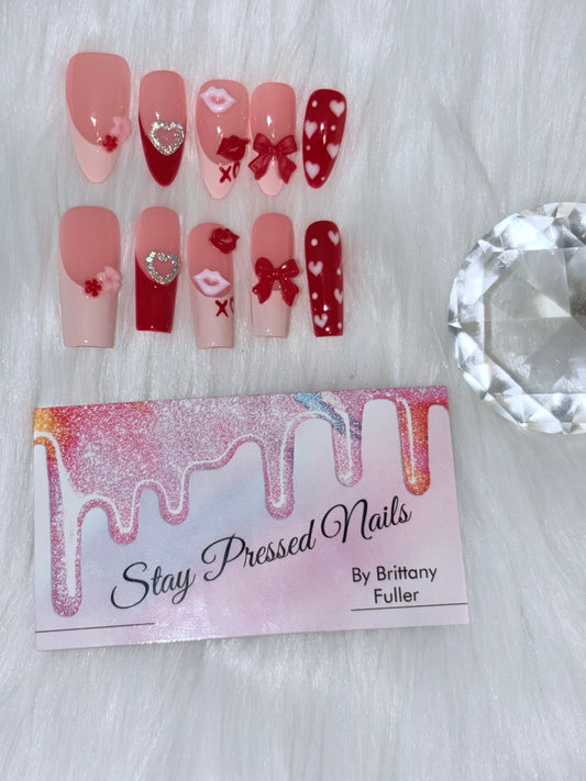Pink & Red French Valentine Nails Size Large