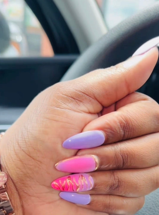Pink & Purple Almond Gold Accent Press On Nails