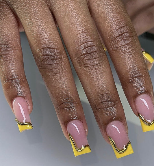 Short Square Yellow and Gold 3D Nails