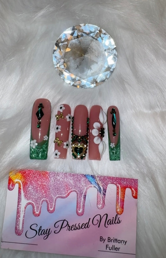 Green & Gold Square Acrylic Flower Press On Nails