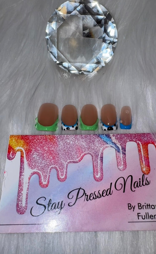 Blue & Green Cow Print Press On Nails