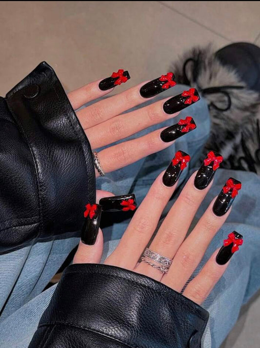 Red & Black Bow Press On Nails
