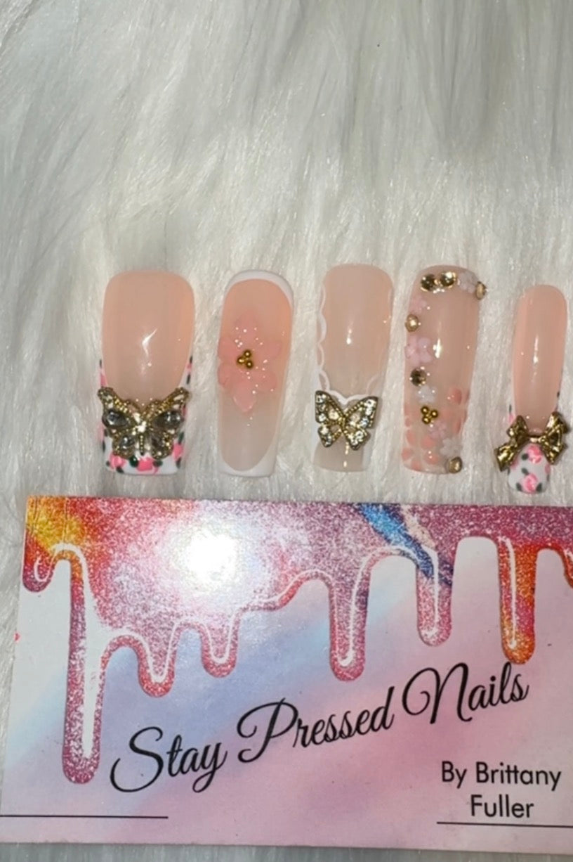 Pink & Green Butterfly Press On Nails Size Large