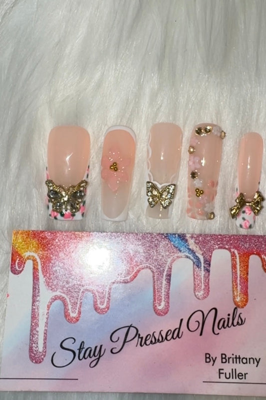 Pink & Green Butterfly Press On Nails Size Large