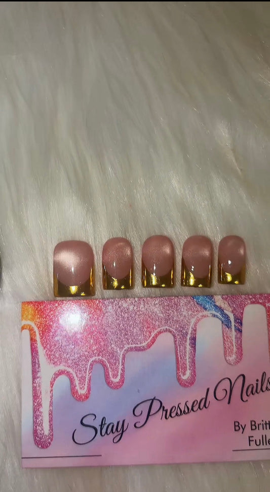 Cateye Gold French Tip Nails Size Medium
