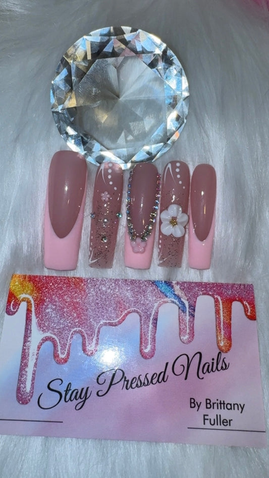 Pink French Flower Child Press On Nails Large