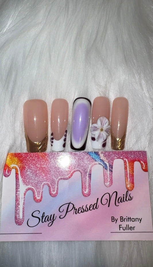 Purple and Gold Aura Flower Press On Nails Size Large