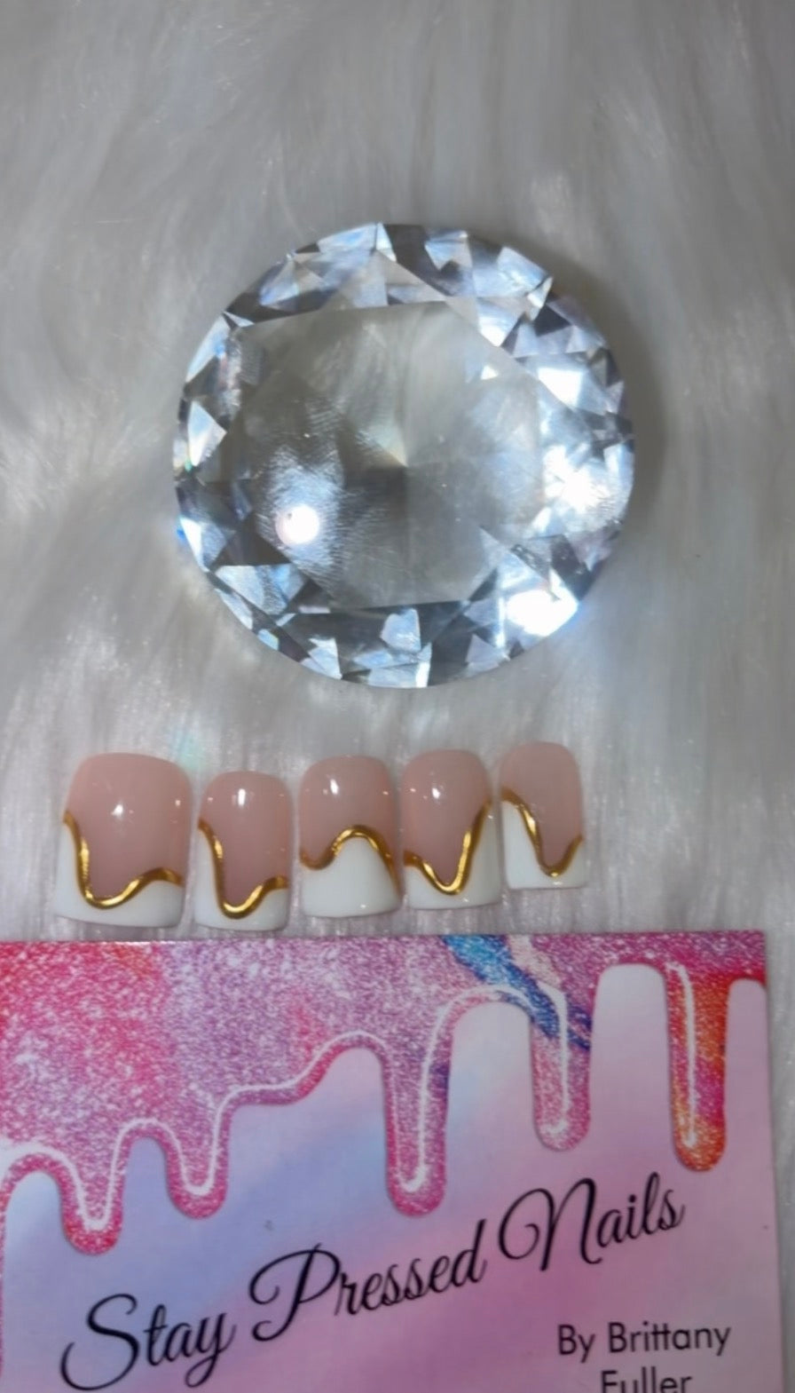 White and Gold Diagonal French ￼Press on Nails