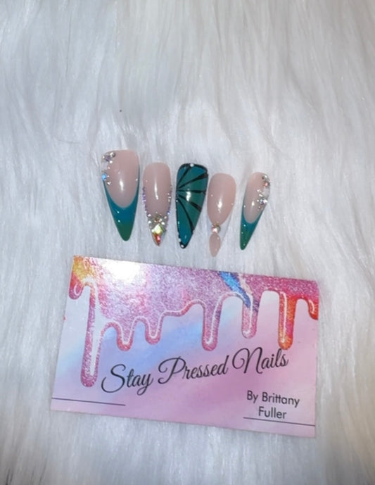 Green French Butterfly Press On Nails Size Large