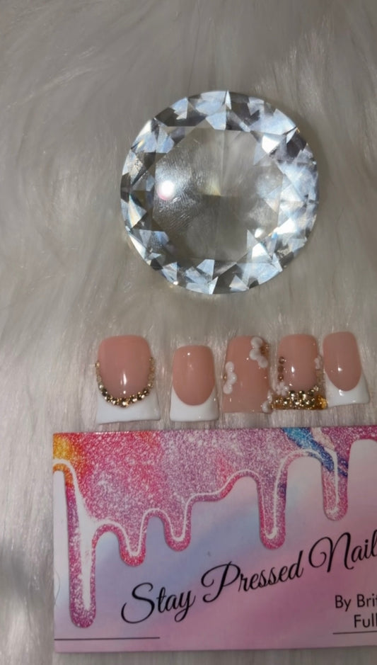 White and Gold Duck French Tip Press On Nails Size Medium
