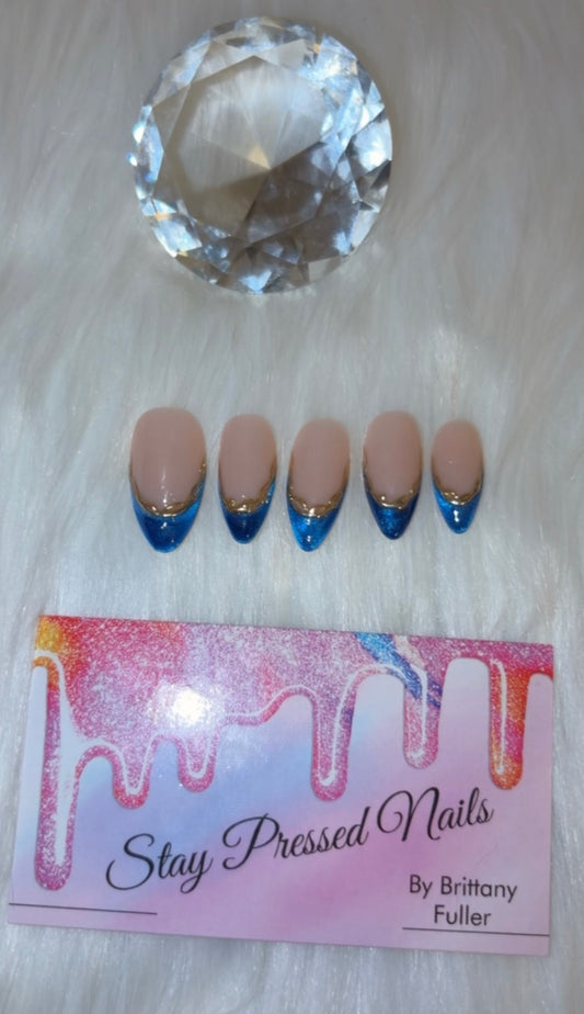 Blue & Gold CatEye French Almond Nails Size Large