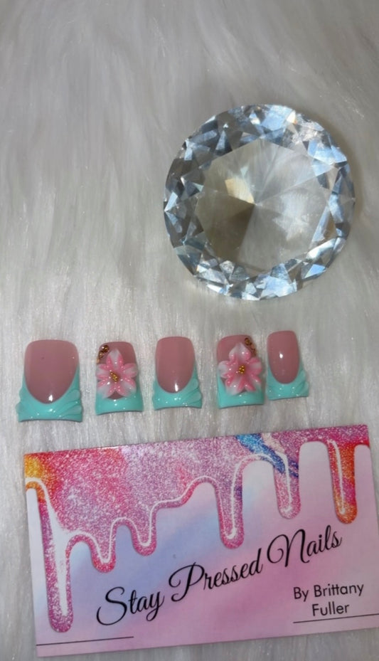 Seafoam Blossom Duck Nails🌊🌸 Press On Nails Size Large