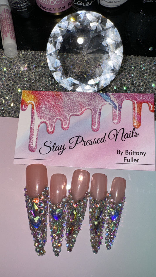 Stiletto Rhinestone French Nail Set Size Medium