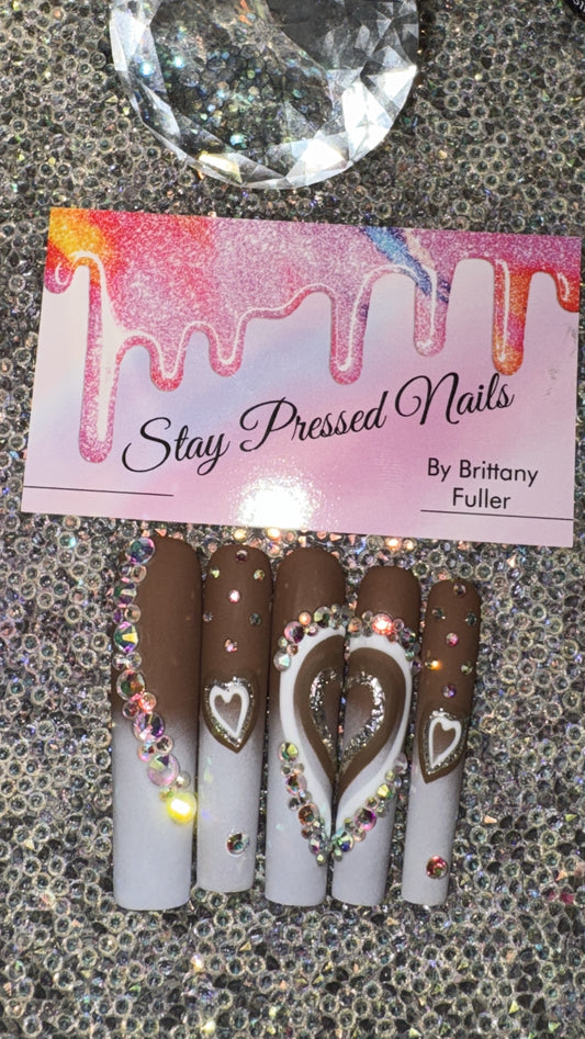 Brown and White Ombre Heart Press On Nails