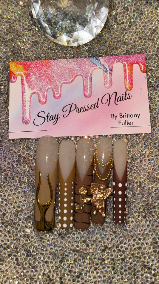 Brown French & Gold Press On Nails