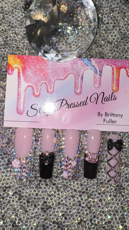 Pink & Black Kitty Press On Nails Size Large