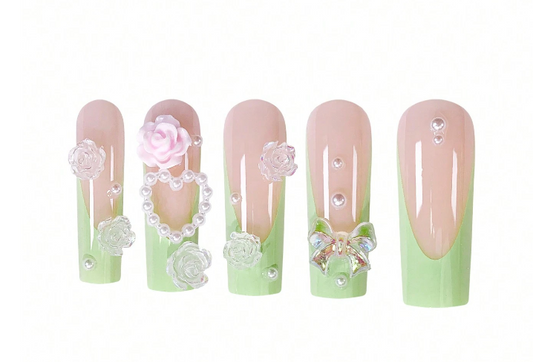 Green French Pearl & Flower Press On Nails