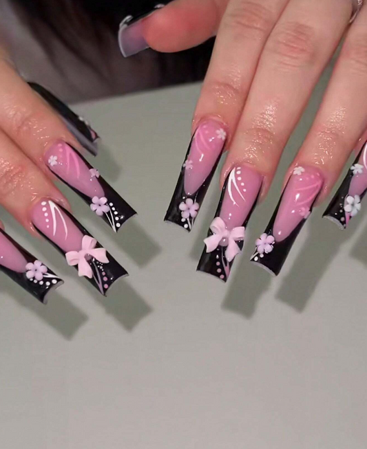 Black French Flower & Bow Press On Nails