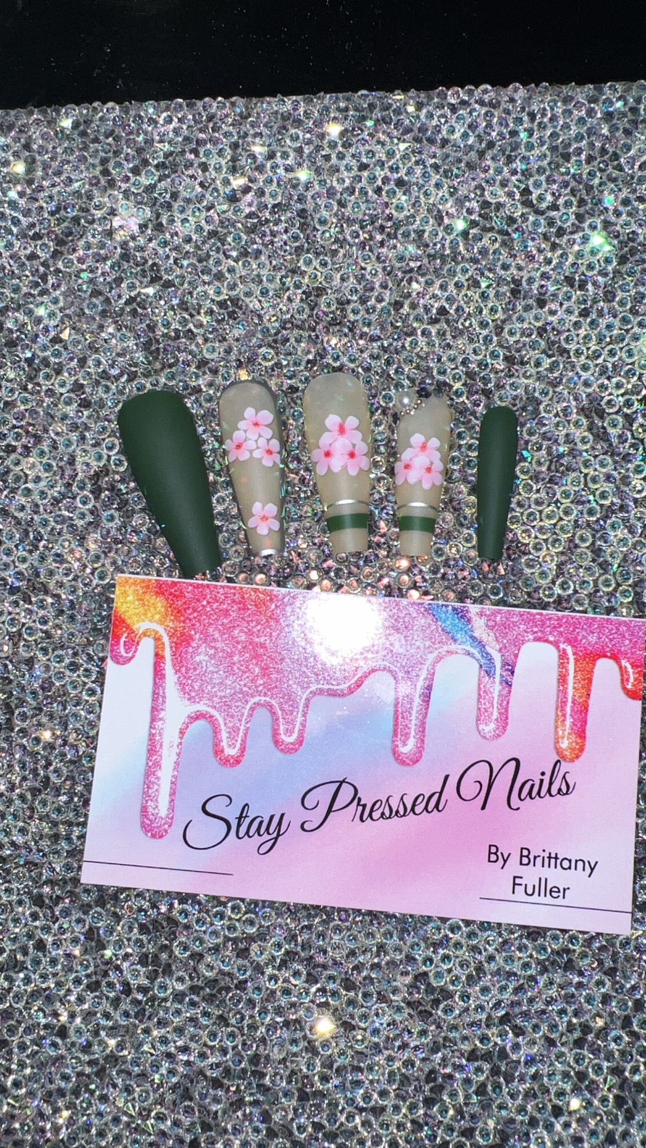 Green & Pink Flower Press On Nails