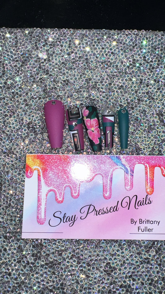 Purple & Green Flower Press On Nails
